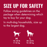Dog toy size guide with text on a black background