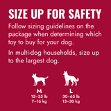 Dog toy size guide with text on a black background