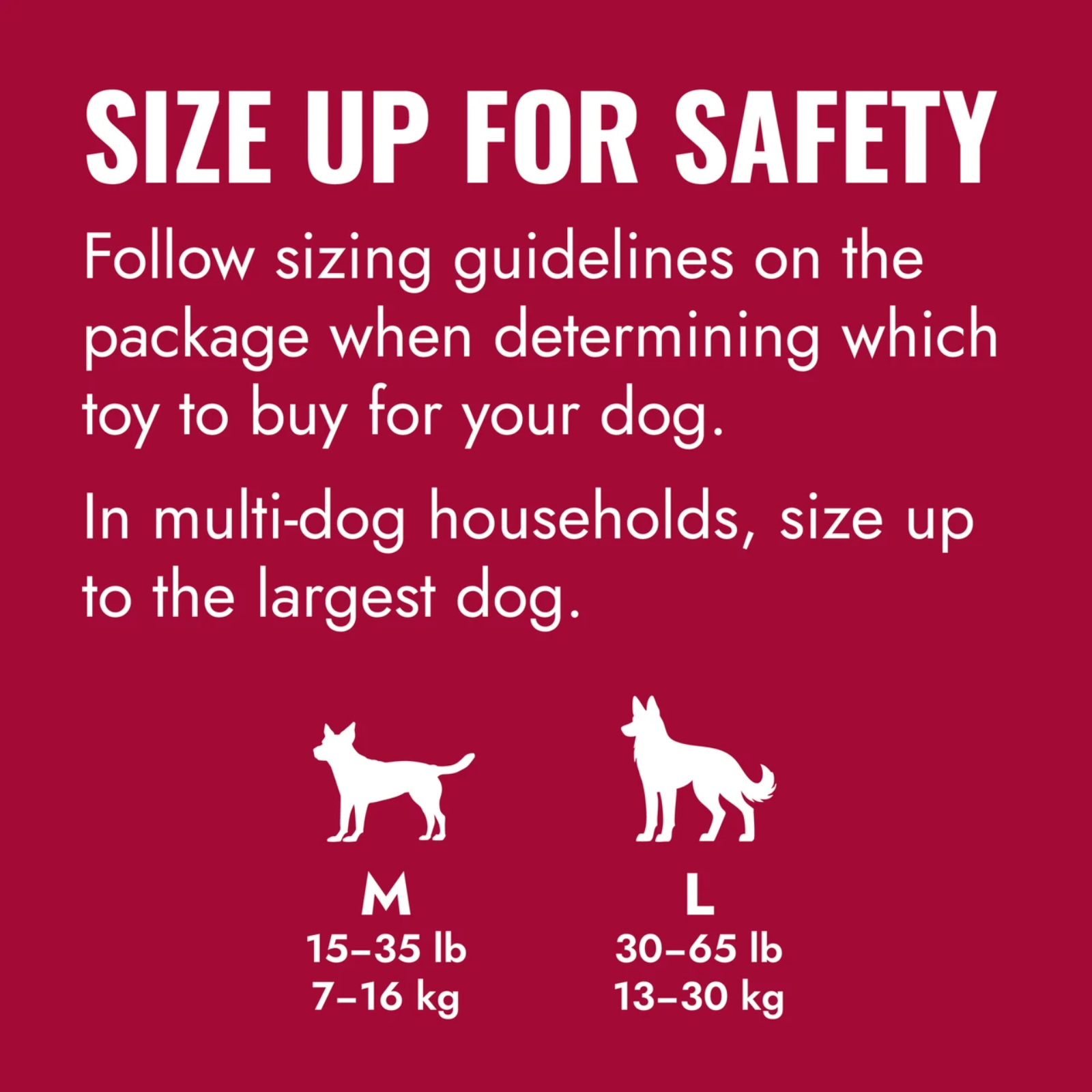Dog toy size guide with text on a black background
