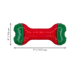 Red and green dog toy with measurements on a white background