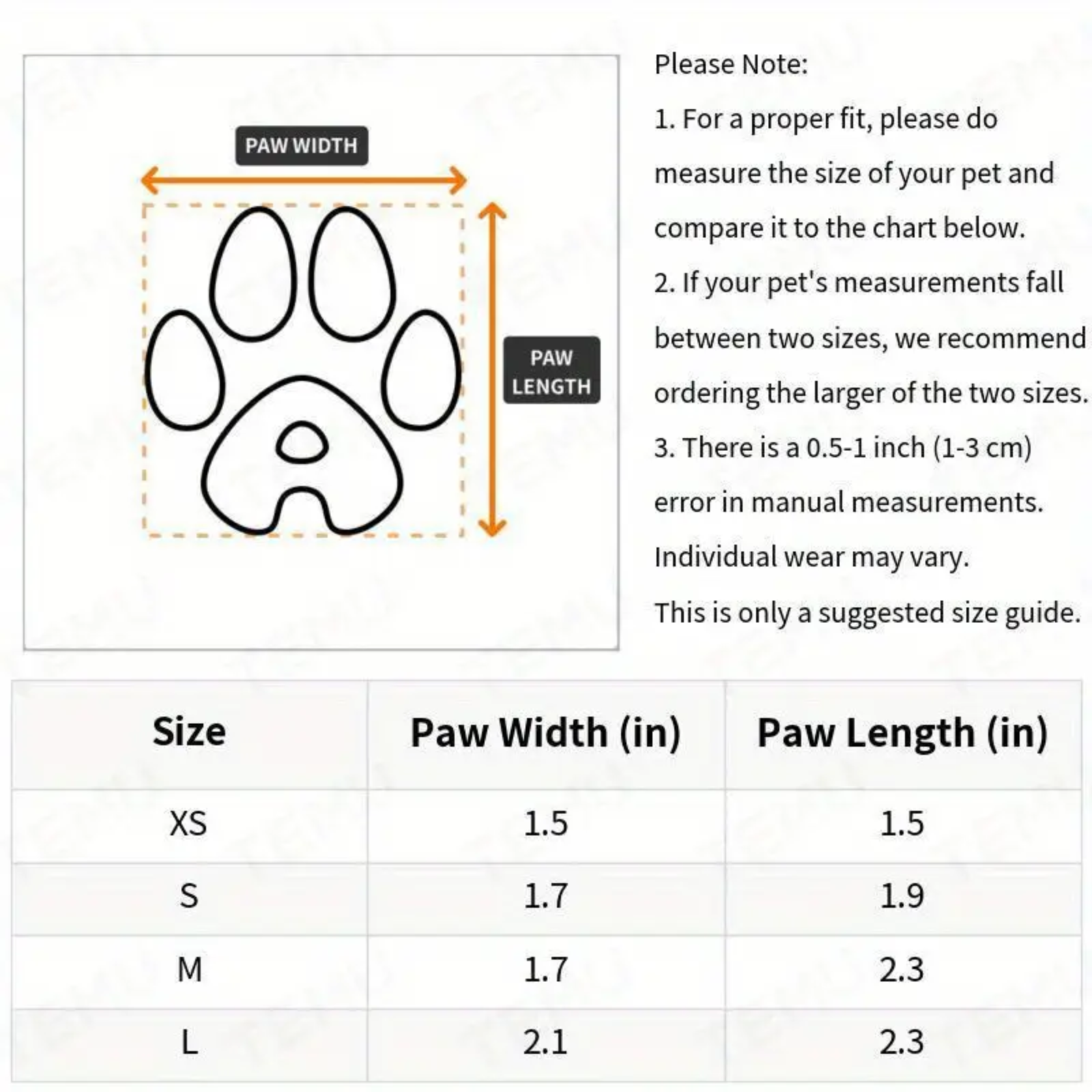 Measurement chart for pet shoes with paw width and length guidelines.
