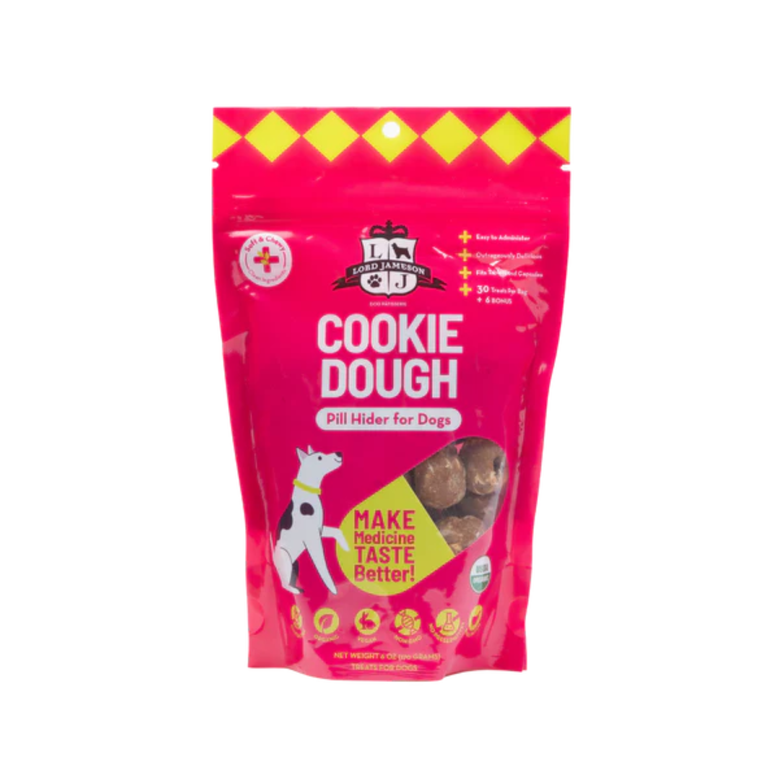 Pink package of 'Cookie Dough' pill hiding for dogs on a white background