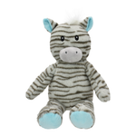 A plush zebra toy with gray and white stripes, light blue inner ears and soles, and a pale gray snout, photographed against a plain white background.