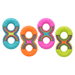Four colorful silicone teething rings arranged in a row on a plain white background. Each ring has a flared outer edge and a wavy center with rainbow stripes.
