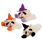 Three plush sheep toys arranged on a white background, each wearing a witch hat in a different color: purple, orange, and black. The sheep have white fluffy bodies, black facial patches, and small red stitched mouths.