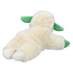A plush toy shaped like a sheep or lamb, featuring fluffy cream-colored fur and bright green ears and hooves, shown against a plain white background.