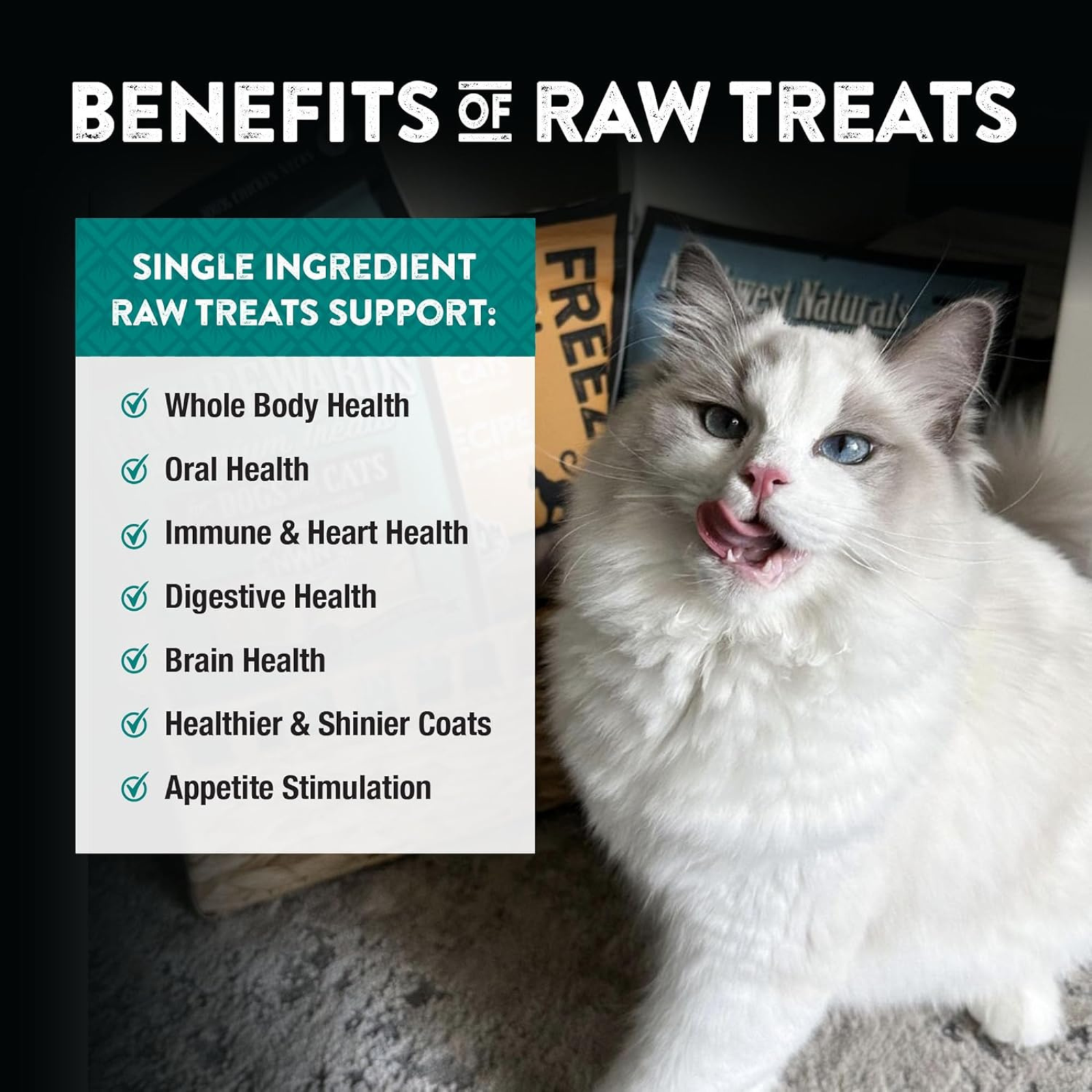 Cat with text overlay about the benefits of raw treats