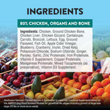 Ingredients list for a pet food product with a colorful background of fruits and vegetables.