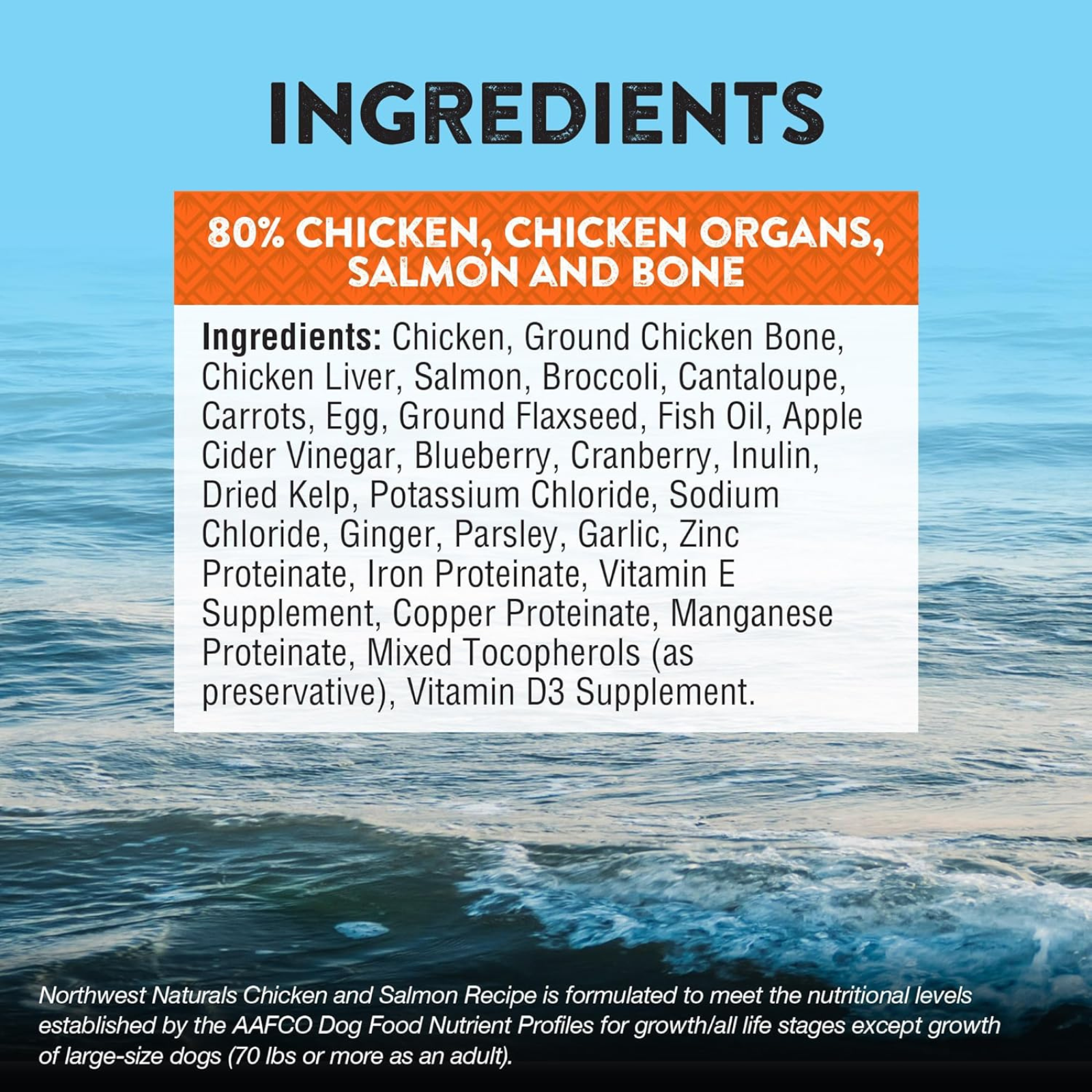 Ingredients list for Northwest Naturals Chicken and Salmon Dog Food with a blue ocean background