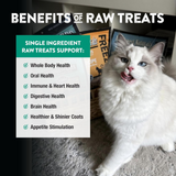 Cat with text overlay about the benefits of raw treats