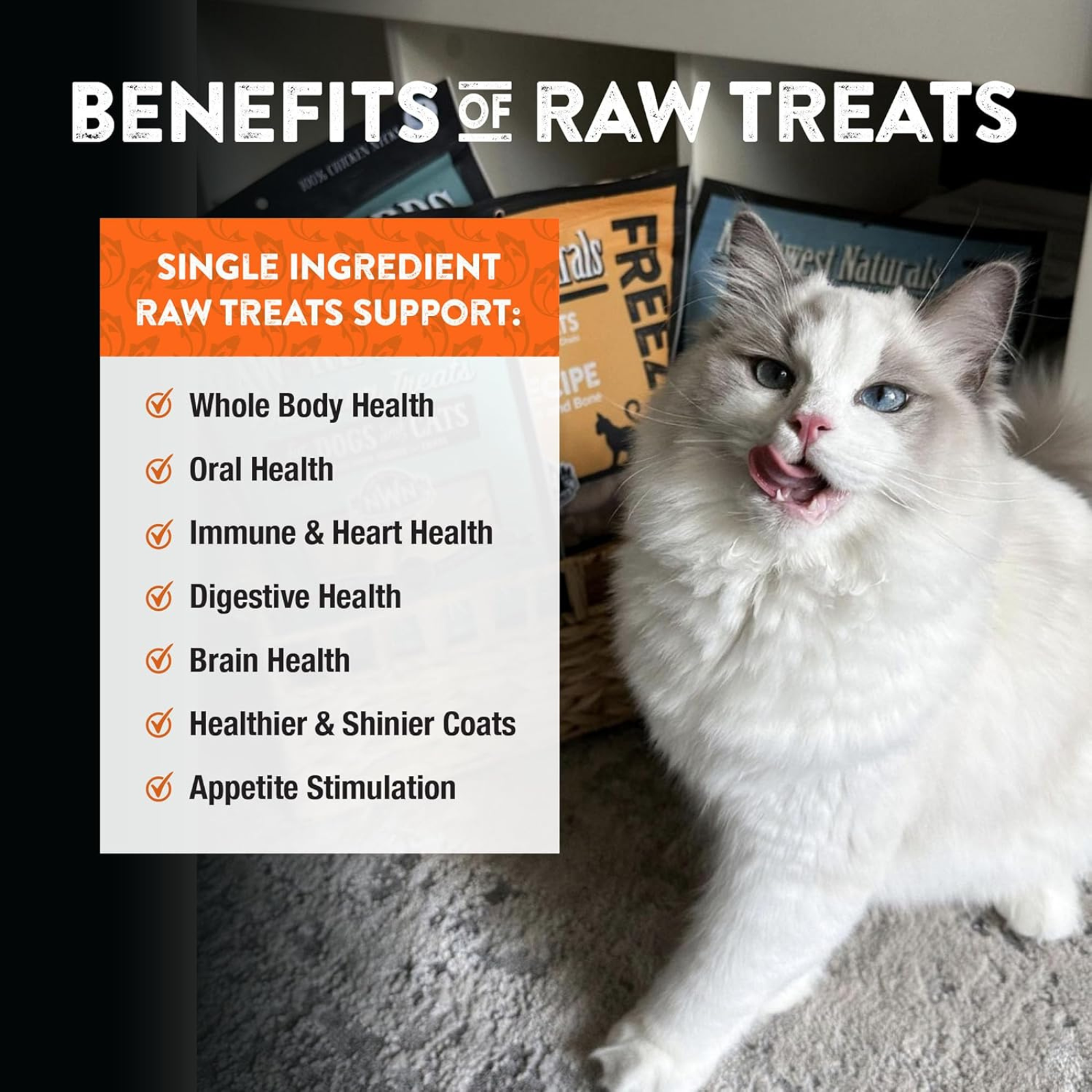 Cat with text overlay about the benefits of raw treats