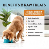 Dog eating from a blue bowl with text about the benefits of raw treats.