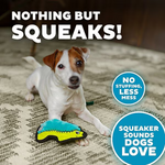 Dog playing with a squeaky toy on a carpeted floor, with text highlighting the toy's features.