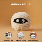 Mummy ball toy for dogs with text highlighting features on a brown background