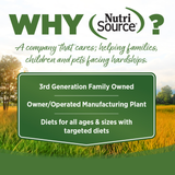 Advertisement for NutriSource with text about the company's values and services, set against a scenic background.