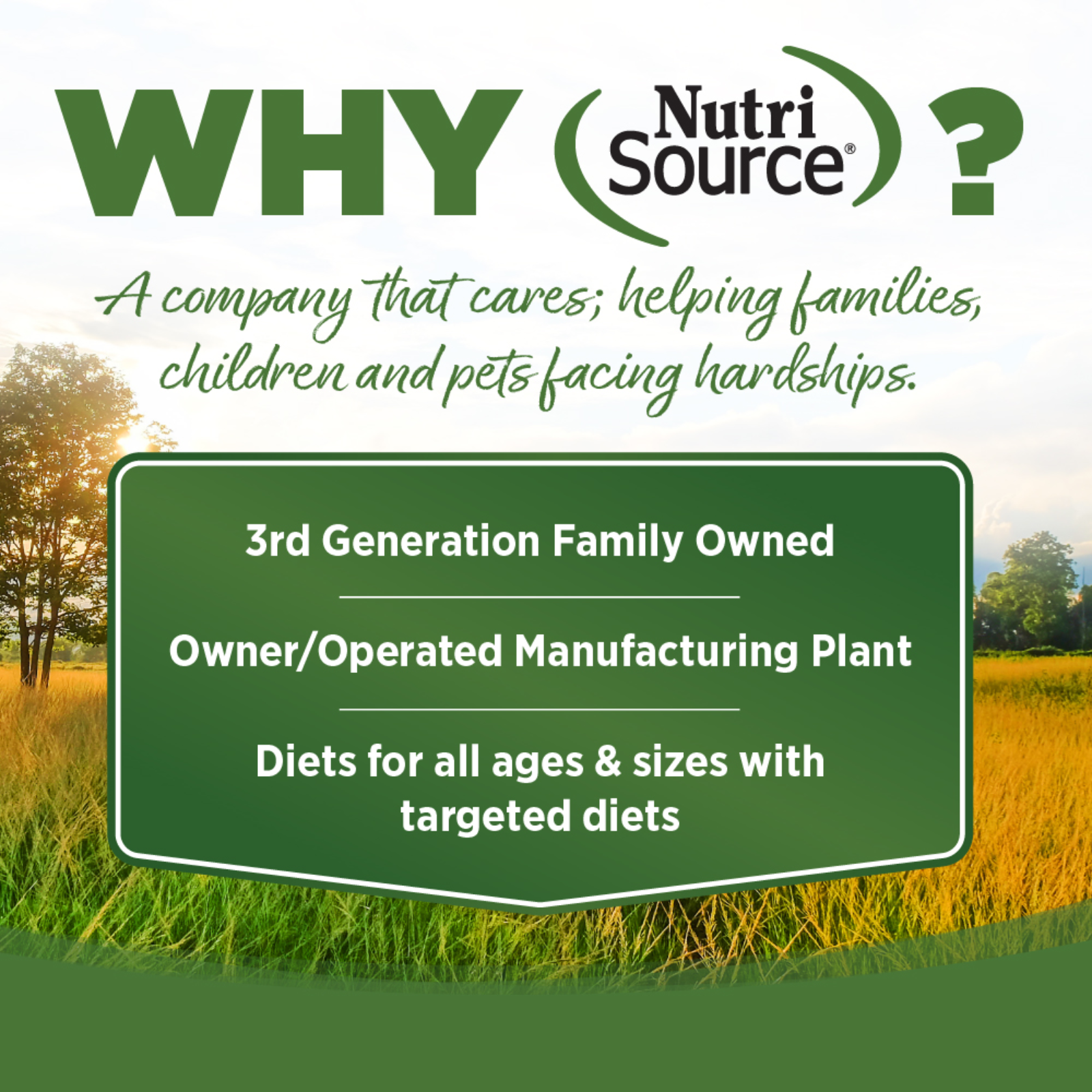 Advertisement for NutriSource with text about the company's values and services, set against a scenic background.