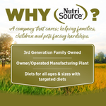Advertisement for NutriSource with text about the company's values and services, set against a scenic background.