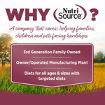 Advertisement for NutriSource with text about the company's values and services, set against a scenic background.