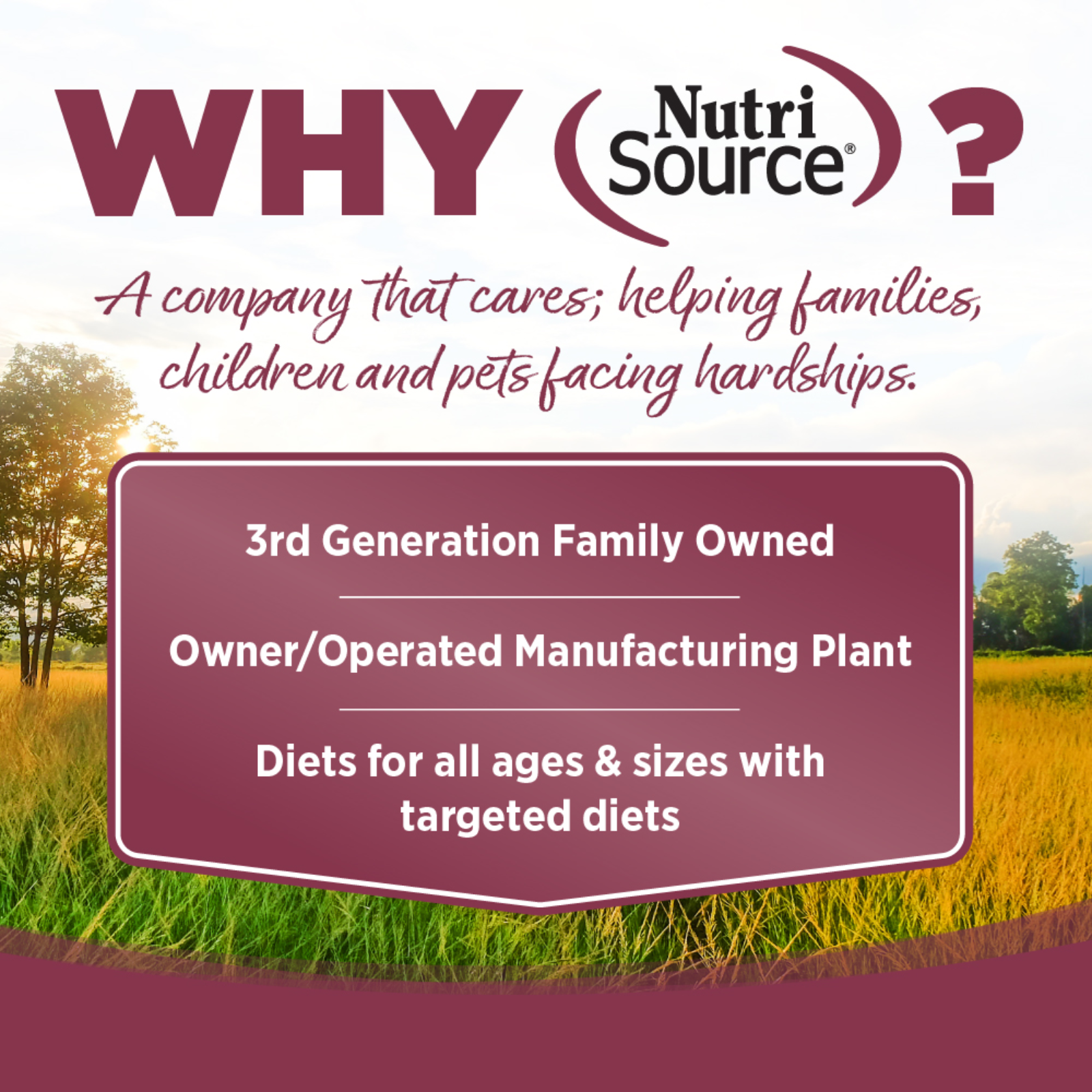 Advertisement for NutriSource with text about the company's values and services, set against a scenic background.