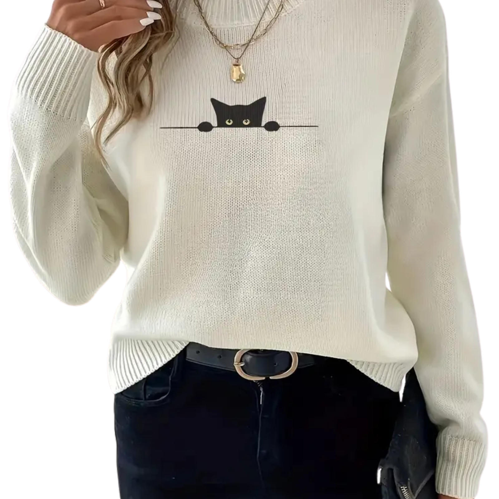 White sweater with a black cat design worn by a person on a white background