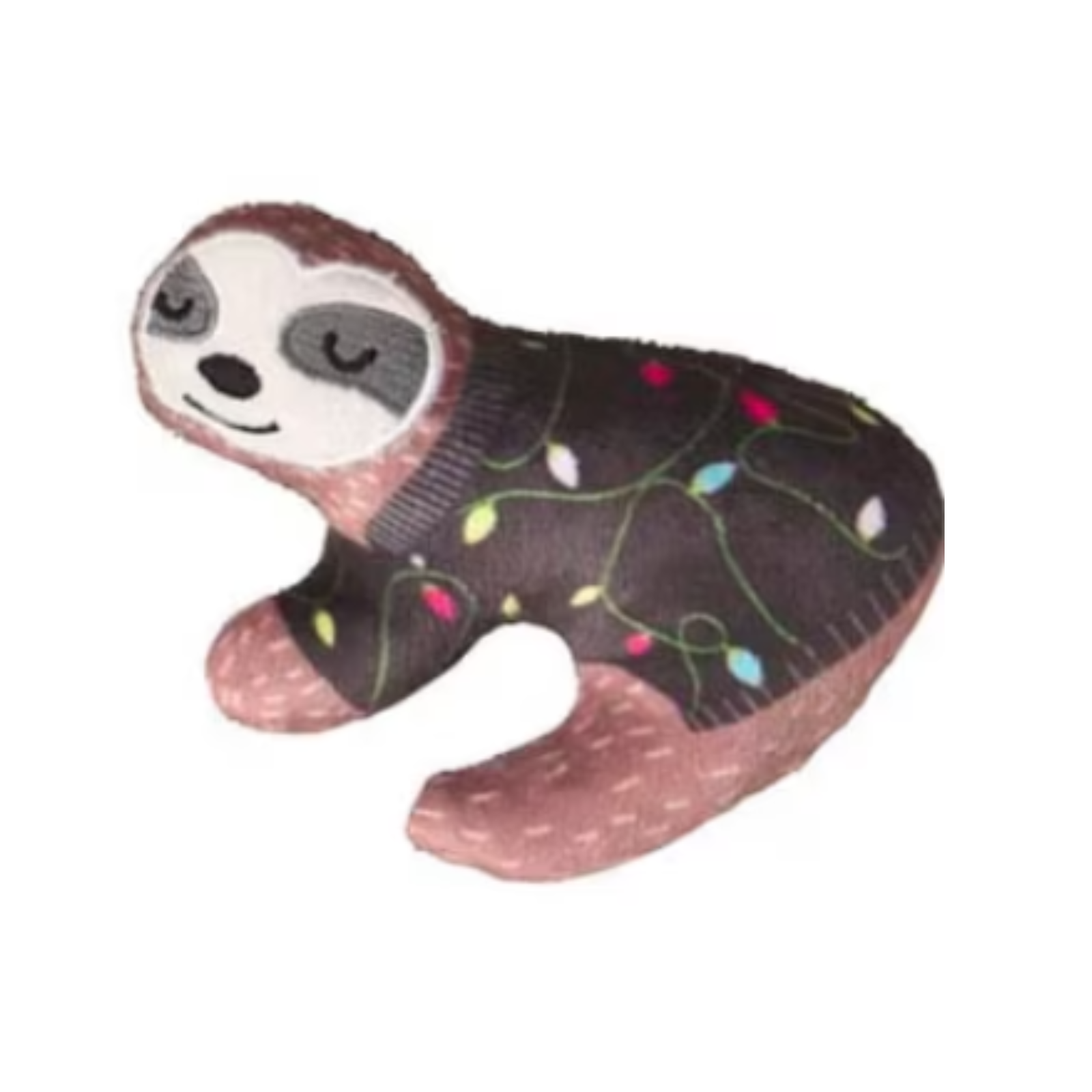 Plush toy sloth with Christmas lights on a white background