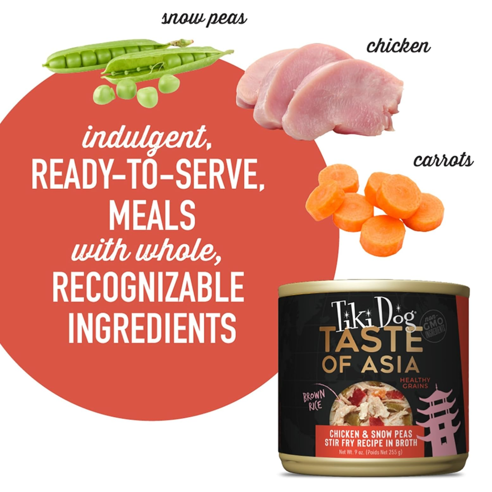 Tiki Dog pet food product with ingredients and text on a white background