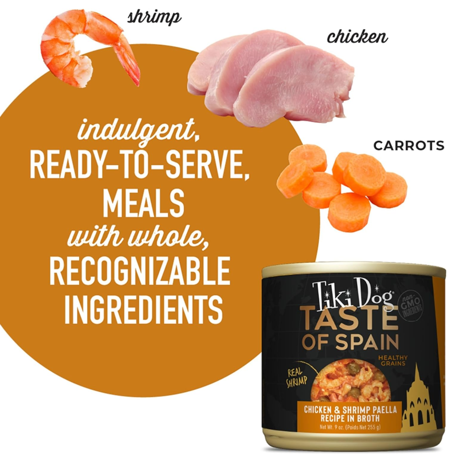Tiki Dog Taste of Spain pet food can with ingredients like shrimp, chicken, and carrots displayed.