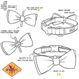 Illustrations of dog collars with bow ties and text describing features, with 'The Worthy Dog' logo.