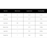 A sizing chart table for dog collars with columns for Collar Size, Width (inches), Length (inches), and Fit by Dog Weight, showing sizes from Cat Collar to X-Large Collar.