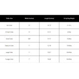 A sizing chart table for dog collars with columns for Collar Size, Width (inches), Length (inches), and Fit by Dog Weight, showing sizes from Cat Collar to X-Large Collar.