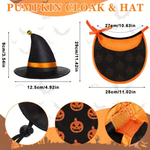 Pumpkin costume set showing a black witch hat with an orange band and gold tip, alongside a black bib with orange trim and pumpkin print. The image includes dimension measurements for both items and three circular detail close-ups on a white background with orange Halloween-themed text and graphics.
