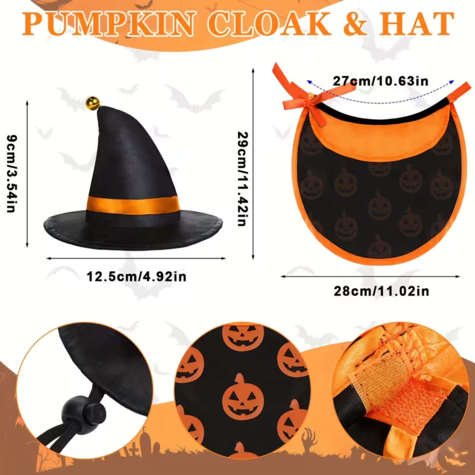 Pumpkin costume set showing a black witch hat with an orange band and gold tip, alongside a black bib with orange trim and pumpkin print. The image includes dimension measurements for both items and three circular detail close-ups on a white background with orange Halloween-themed text and graphics.