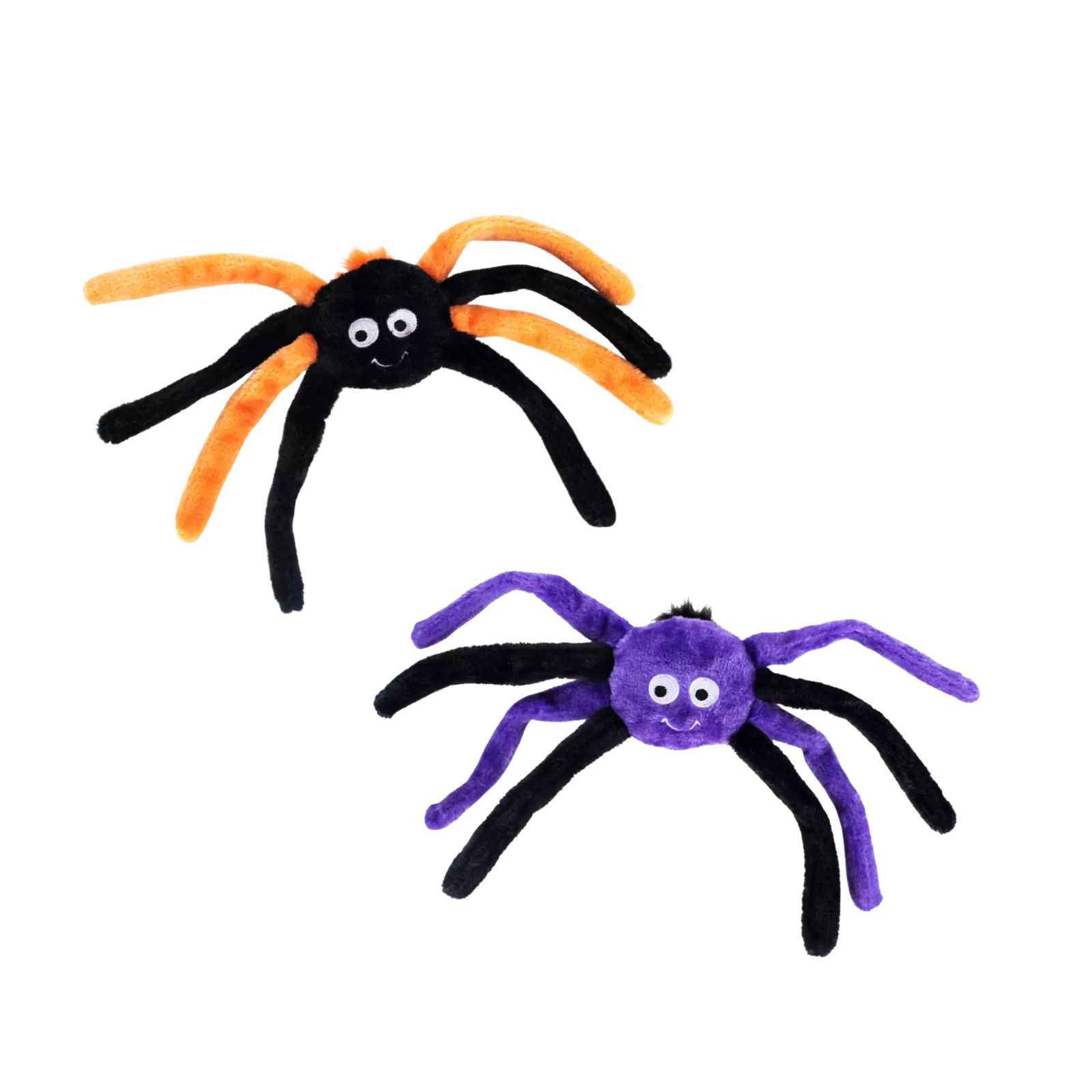 Two plush spider toys on a plain white background, one black with orange legs and one purple with black legs.