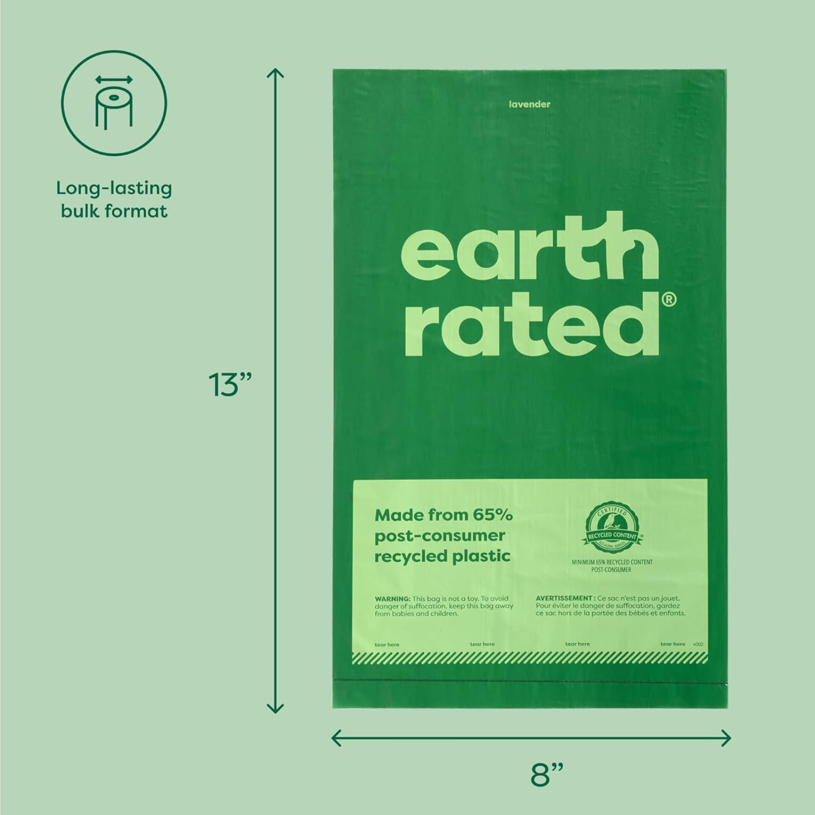 Green packaging of earth rated with dimensions and sustainability information on a green background