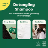 Advertisement for detangling shampoo with images of a dog being groomed and text highlighting its benefits.