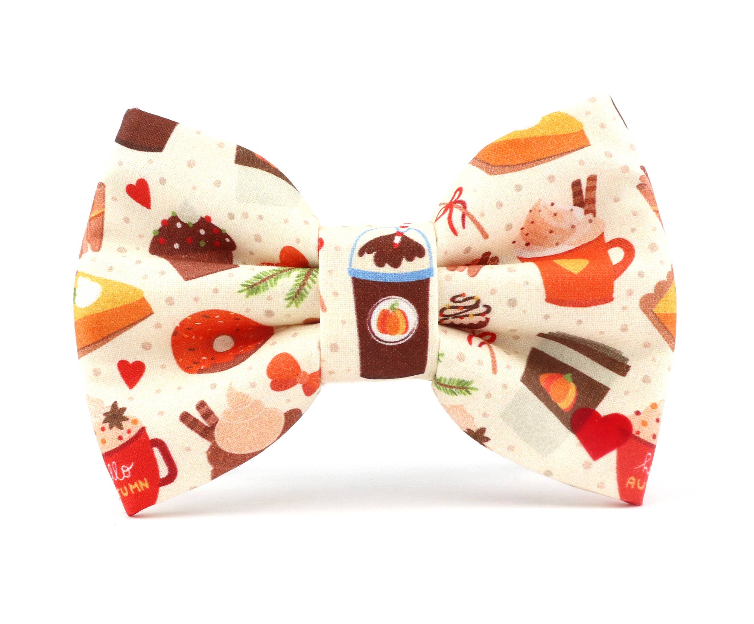 A novelty bow tie featuring a cozy autumn holiday pattern with illustrations of coffee cups, hot cocoa, cinnamon pastries, and hearts on a cream polka-dot background.