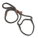 A braided rope dog leash with brown leather accents and gold-tone metal hardware, photographed on a clean white background.