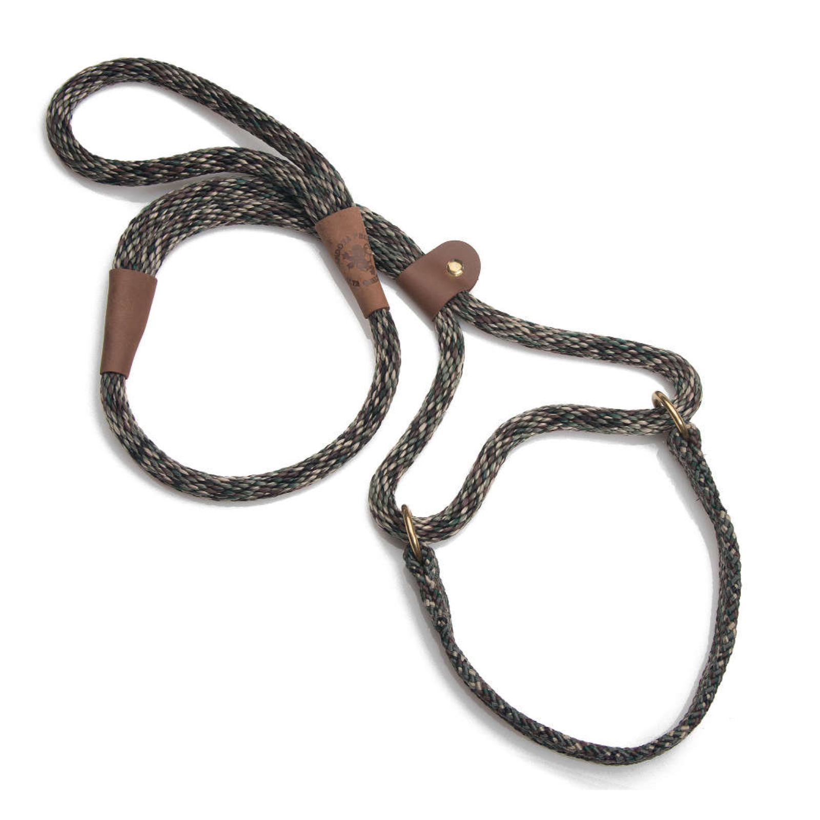 A braided rope dog leash with brown leather accents and gold-tone metal hardware, photographed on a clean white background.