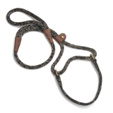 A braided rope dog leash with brown leather accents and gold-tone metal hardware, photographed on a clean white background.