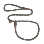 A braided rope dog leash with brown leather accents and a brass ring, shown on a plain white background.