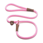A pink braided rope dog leash with brown leather accents and a gold-tone metal ring, displayed on a clean white background.