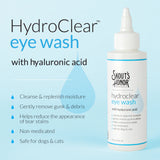 Skout's Honor HydroClear eye wash bottle with product features on a light blue background