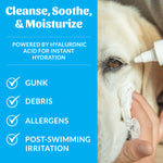 Dog being cleaned with a product for eye care, with text highlighting benefits on a blue background.