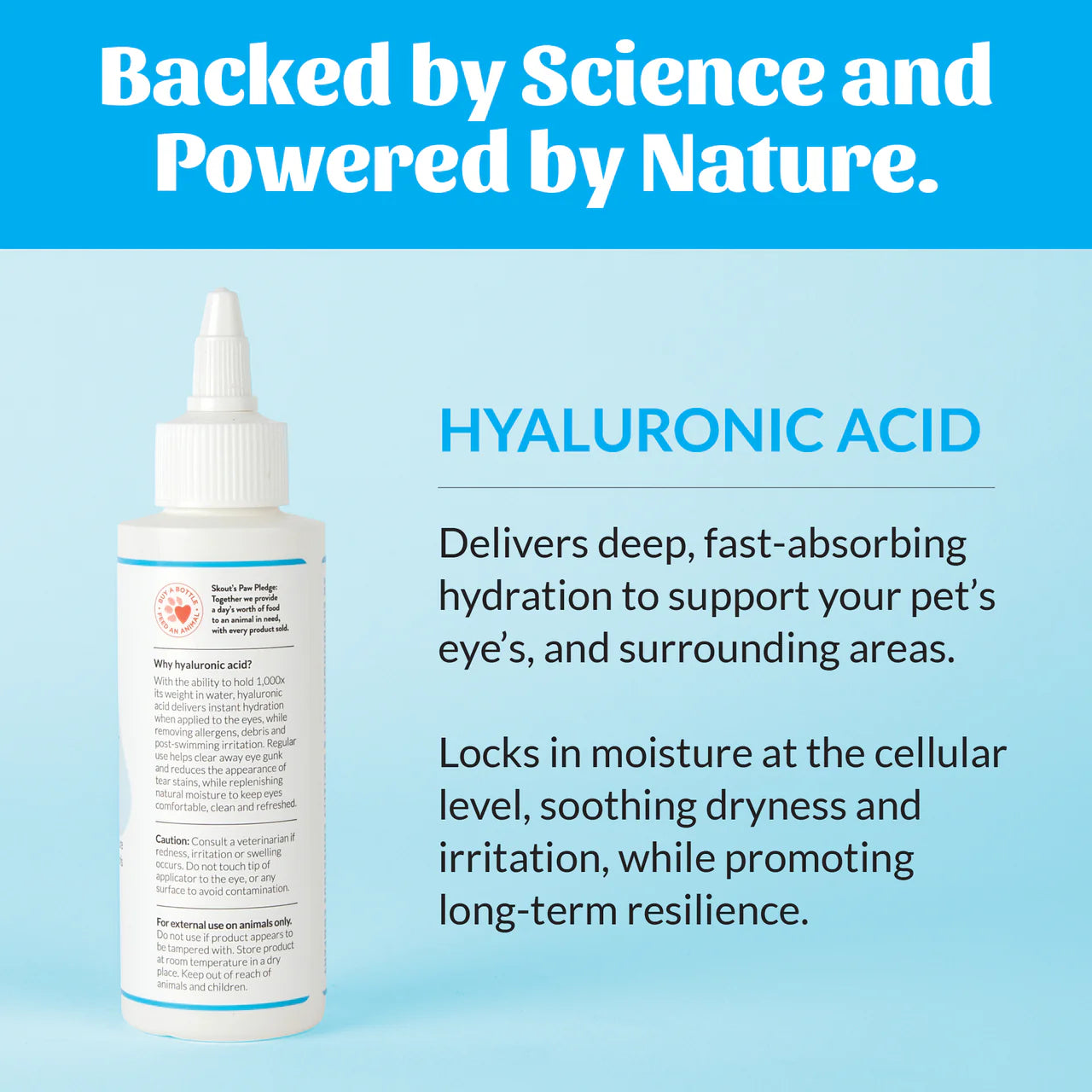 Pet eye drop bottle with hyaluronic acid benefits on a blue background