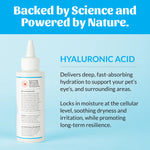 Pet eye drop bottle with hyaluronic acid benefits on a blue background