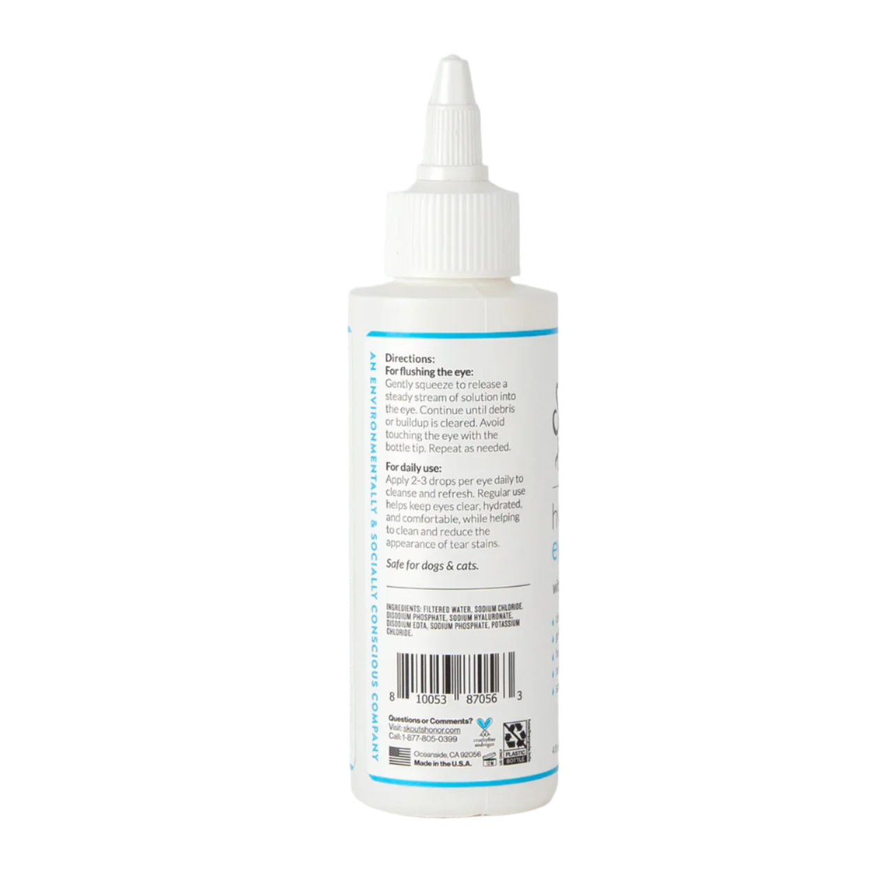 Bottle of eye drops with label on a white background