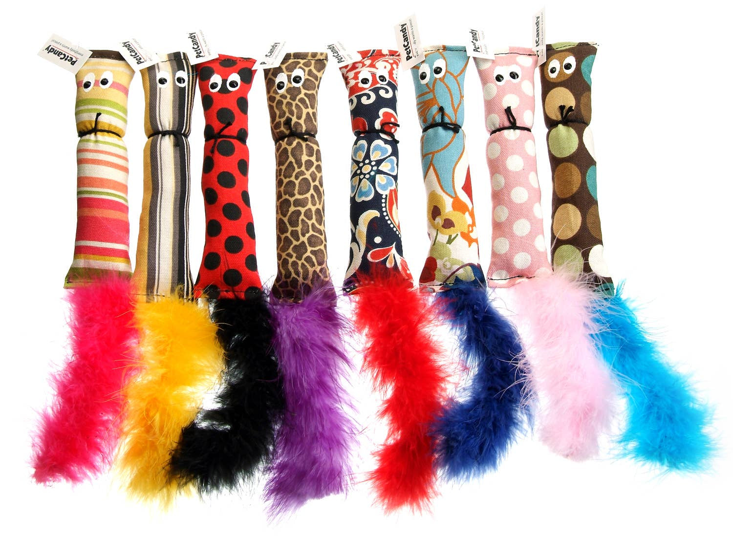 Colorful cat toys with various patterns and feather attachments on a white background