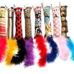 Colorful cat toys with various patterns and feather attachments on a white background
