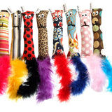 Colorful cat toys with various patterns and feather attachments on a white background