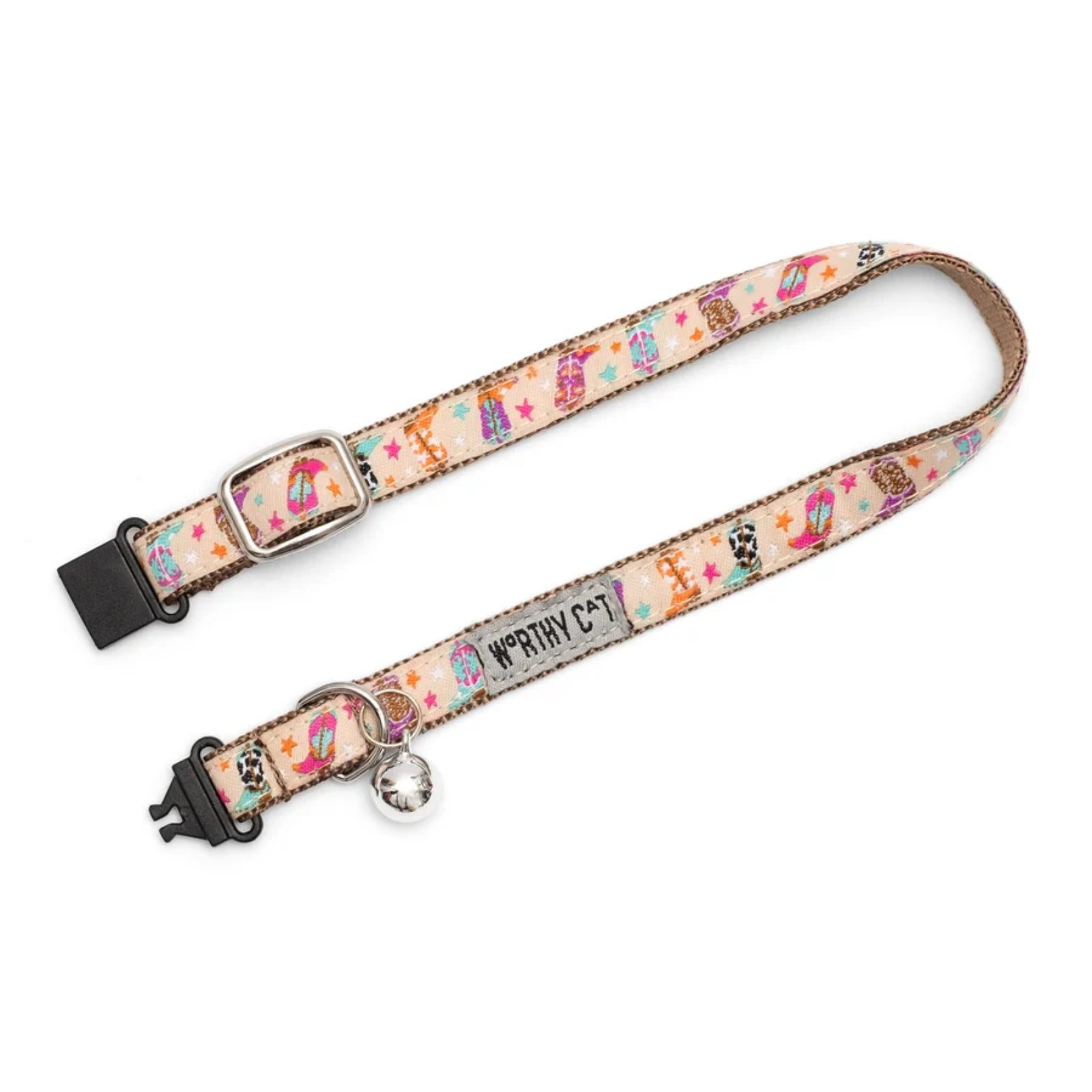 A pet collar with a pastel multicolor pattern of ice cream cones, stars, and stripes on a cream background, featuring a silver metal bell and black plastic hardware.